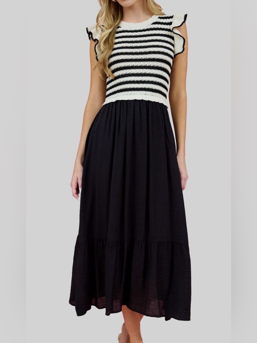 Zoe and Claire - Striped Knit Top Black Maxi Dress